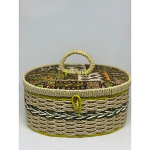 VTG Singer Woven Sewing Basket With Lid & Handle Patchwork Yellow Divided BOHO